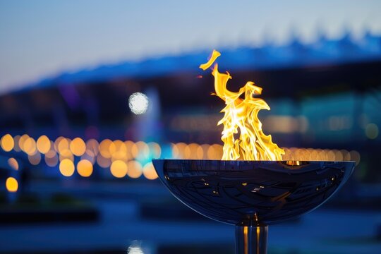 The Olympic flame alight in the evening at a sports venue