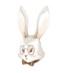 Cartoon painted rabbit with eyeglasses and with a brown bow around her neck. Fairy tale forest character. Illustration on a transparent background, hatching, vintage clipart. Happy Easter bunny