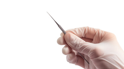 Hand in medical glove holding scalpel on white background. concept of equipment and instruments used by  doctors during laboratory experiments