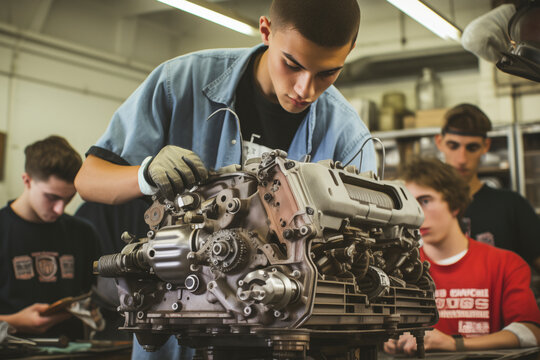 Young boy learns how to fix an engine. Student apprentice learns the trade. Working and learning concept. Mechanic school workshop lesson. Man work on car parts and learn how to repair engines
