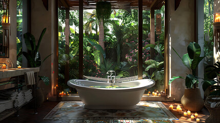 a luxurious bathroom, with view outside 