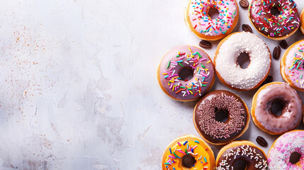 horizontal banner, National Donut Day, lots of colorful donuts covered with icing and confetti, light gray background, copy space, free space for text