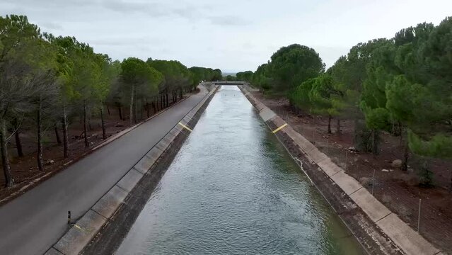 Drone traveling through the Tajo - Segura water transfer channel in the province of Albacete, Spain, among a lush pine forest