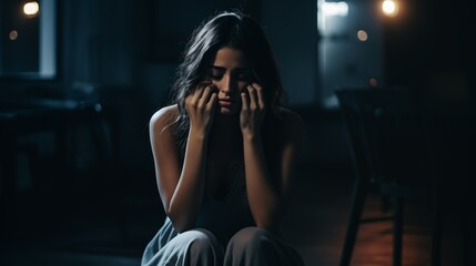 Lonely young woman feeling depressed and stressed sitting head in hands in the dark bedroom,...