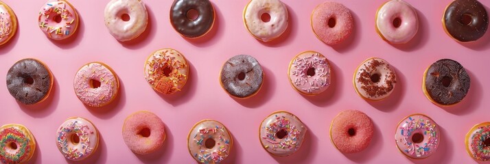horizontal banner, National Donut Day, a row of multi-colored donuts covered with icing and confetti, pink background