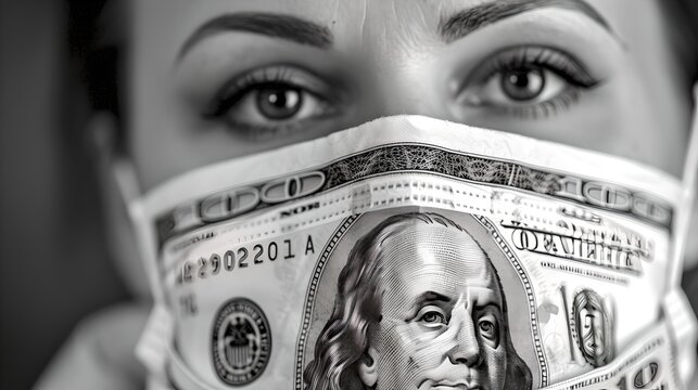 Conceptual Black and White Portrait of a Woman with Money Covering Mouth. Symbolizes Economic Silence, Financial Secrecy. Artistic and Expressive Image. AI