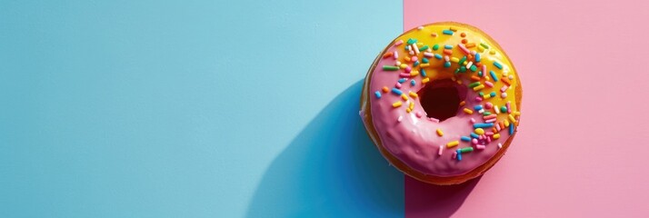 horizontal banner, National Donut Day, one pink donut covered with icing and confetti, striped blue and pink background, copy space, free space for text