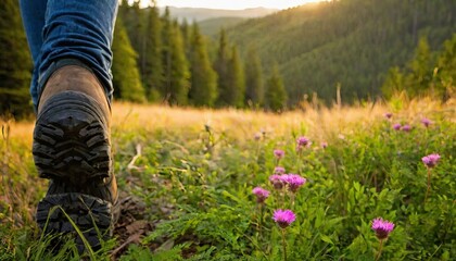 Close-up of a hiker's boot on the trail through a meadow with pink wildflowers, with the warm glow of the sunset over the mountains in the background.
 - Powered by Adobe