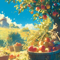 A vibrant and detailed depiction of a basket brimming with ripe apples under an open sky, evoking the warmth and abundance of nature's harvest.
