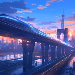 The Ultimate Transportation Hub: A Dynamic Illustration of a Futuristic Hyperloop Train Departing from an Iconic New York Bridge