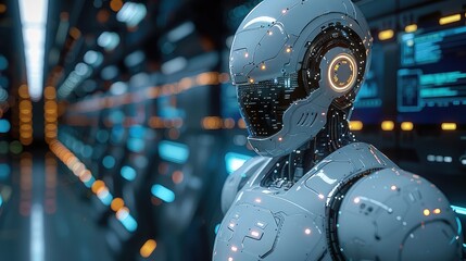 Robots androids on the assembly line of the factory. Integration of sovereign AI. The enormous impacts transformations in future societal structures. The future with sovereign artificial intelligence.