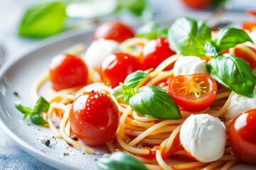 Classical italian spaghetti with tomatoes, tomato sauce, basil, milk mozzarella and parmesan cheese