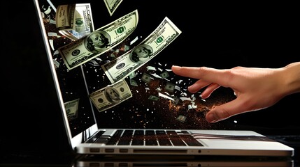 Cash flying out of a laptop screen, a concept of online earnings. A hand reaching for dollar bills. Impression of easy money and digital wealth. Ideal for financial themes. AI