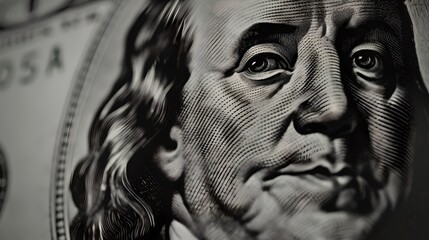 Close-up view of Benjamin Franklin on One Hundred Dollar Bill. Money and finance concept. Currency and economy representation. Detailed portrait. Black and white photography. AI - obrazy, fototapety, plakaty
