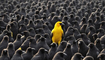 Close shot of a vibrant yellow bird is conspicuously distinct among a large flock of black birds.
