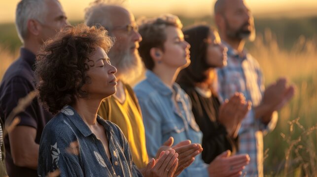 Diverse Group of People in Prayer at Sunset in Field