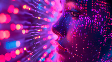 Abstract concept of digital beautiful human face on background of printed circuit board. Fusion of man and modern artificial intelligence technologies. In blue tones, LED backlight, binary code. - obrazy, fototapety, plakaty