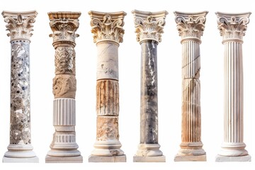 Obraz premium Stone Pillars Set Isolated, Old Roman Columns, Marble Greek Pillar, Rome Greece Architecture