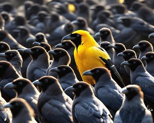 Obraz premium Yellow bird stands distinct among lots of grey or blacck birds, symbolizing uniqueness and individuality. the odd one out