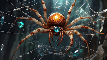 a spider sits on a web with precious stones in the background. mystical illustration