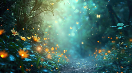 Fairy tale forest with glowing flowers, magical woods with lights, fantasy world background. Concept of path, nature, wonderland,