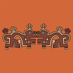 Symmetrical ethnic ornament or border with two fantastic animals. Native American art of ancient Peru. Wari Andean culture. Ethnic indigenous design.