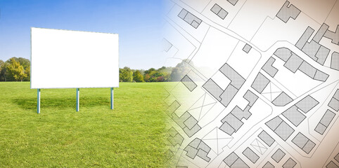 Advertising billboard immersed in a rural scene with an imaginary  cadastral map of territory with buildings, fields and roads against a green area  - concept image