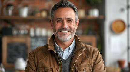 Obraz premium Middle-aged Entrepreneur Beaming in Business Casual Attire Generative AI
