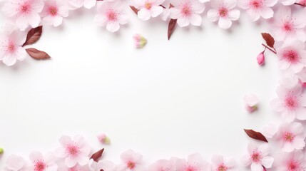 Fototapeta na wymiar Pink Flowers and Leaves on White Background