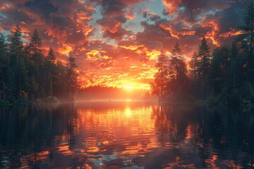 The sun sets low in the sky, casting a warm glow over a serene lake bordered by a dense forest of...