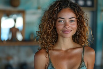 A woman with curly hair smiles as she looks directly at the camera