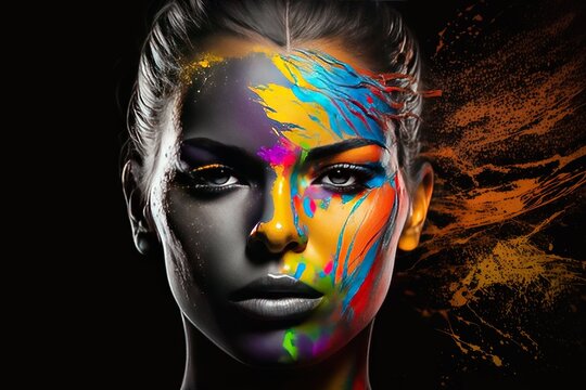 Stunning Digital Art Portrait of a Beautiful Woman with Colorful Paint - Neon Symmetry
