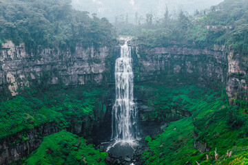The Tequendama Falls in Colombia, shrouded in mist amidst vibrant green foliage