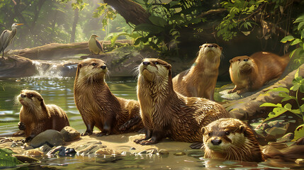 Effortless Elegance: A Glimpse into the Vivid World of Otters in their Natural Habitat - obrazy, fototapety, plakaty