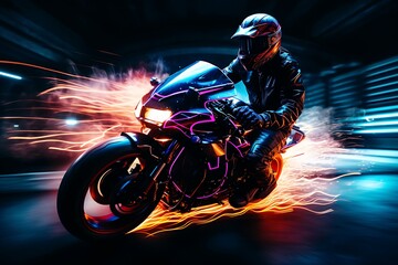Motorcyclist riding on a motorcycle on a dark smoky neon lights background