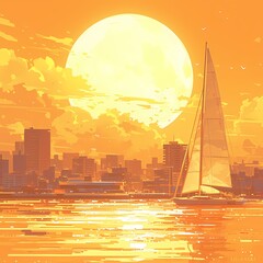 Sail into the Future with this Golden City Skyline Sunset Image