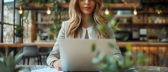 Focused Professional at Work with Laptop. Concept Remote Workspace Setup, Productivity Tips, Virtual Meetings, Work-life Balance, Digital Nomad Life