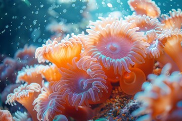 Obraz premium Detailed view of an orange and white sea anemone underwater