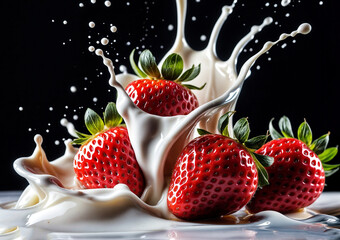 Strawberries being splashed with milk forms a crown around the strawberries on black background and the milk splashes in all directions