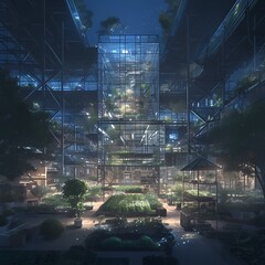 Luminous Urban Garden at Dusk, Featuring Sustainable Architecture and Bioluminescent Plants - obrazy, fototapety, plakaty