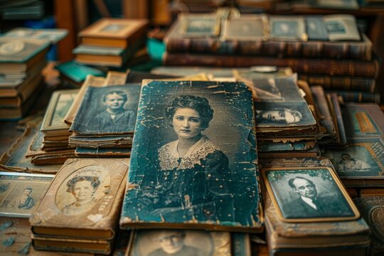 A table filled with a variety of aged, vintage photographs scattered all over its surface