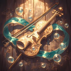 A dreamy orchestral symphony set against a backdrop of iridescent bubbles and mystical musical notes. This enchanting scene captures the essence of harmony and melody. - obrazy, fototapety, plakaty