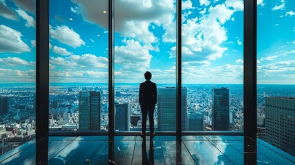 Man Standing by Window, City View