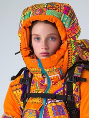 Young Girl in Orange Jacket With Backpack