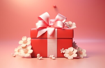 Red Gift Box With Bow and Flowers on Pink Background