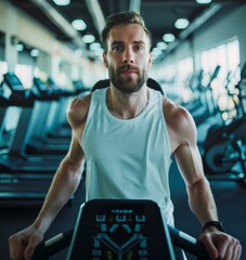 Focused Man Working Out on Rowing Machine in Gym