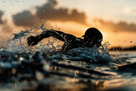 Swimmer cutting through water at dusk - A swimmer propels forward in a splash of water during dusk, depicting strength and solitude in athletic pursuit