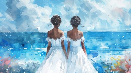 Twin brides in white by the sea - Mirror-image brides in white dresses with the sea as backdrop evoke serenity - obrazy, fototapety, plakaty