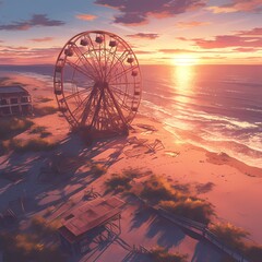 Lone Ferris Wheel by the Shore at Sunrise - Nostalgic Beach Scene