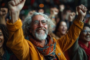 A man with a beard and glasses raising his arms in the air, expressing joy or victory